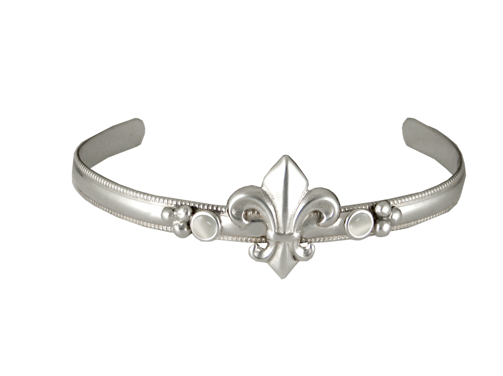 Sterling Silver Fleur de Lis Cuff Bracelet With White Moonstone